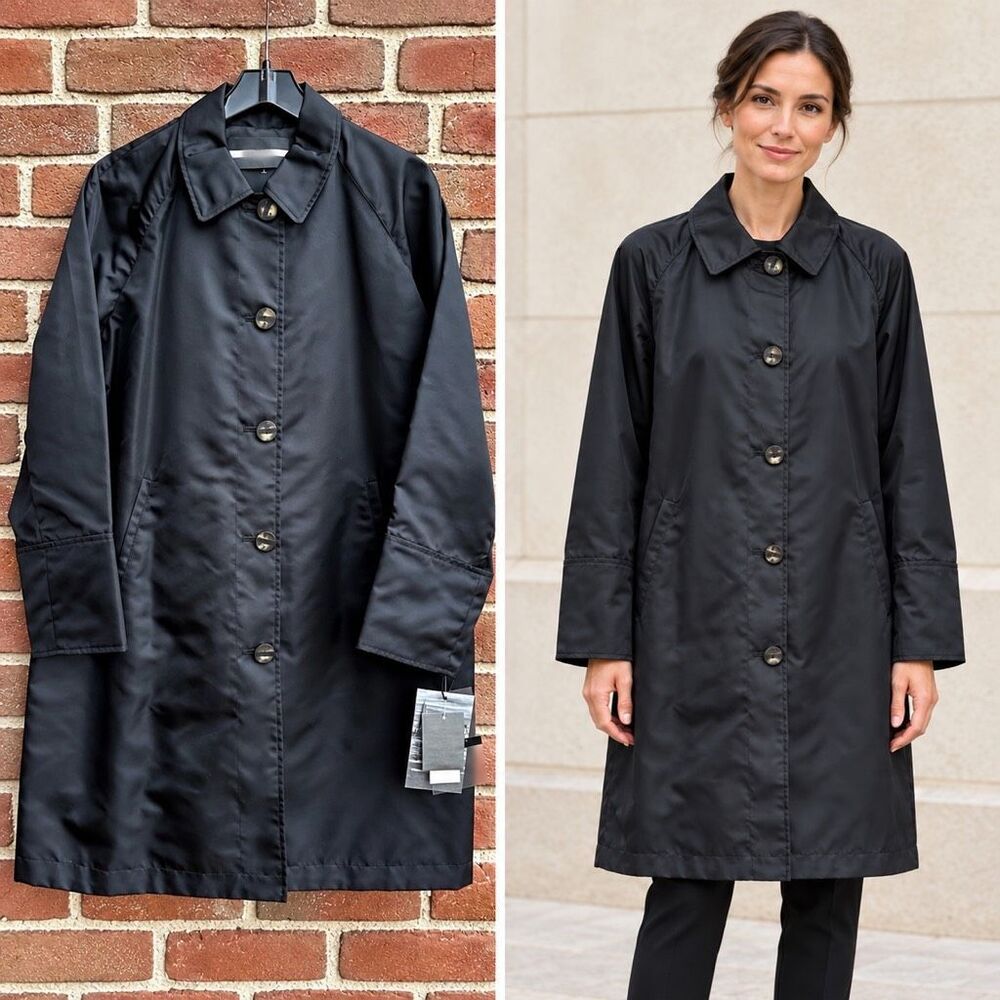 Jane Post $695 Iconic Princess Rain coat black Jacket Womens Large NEW